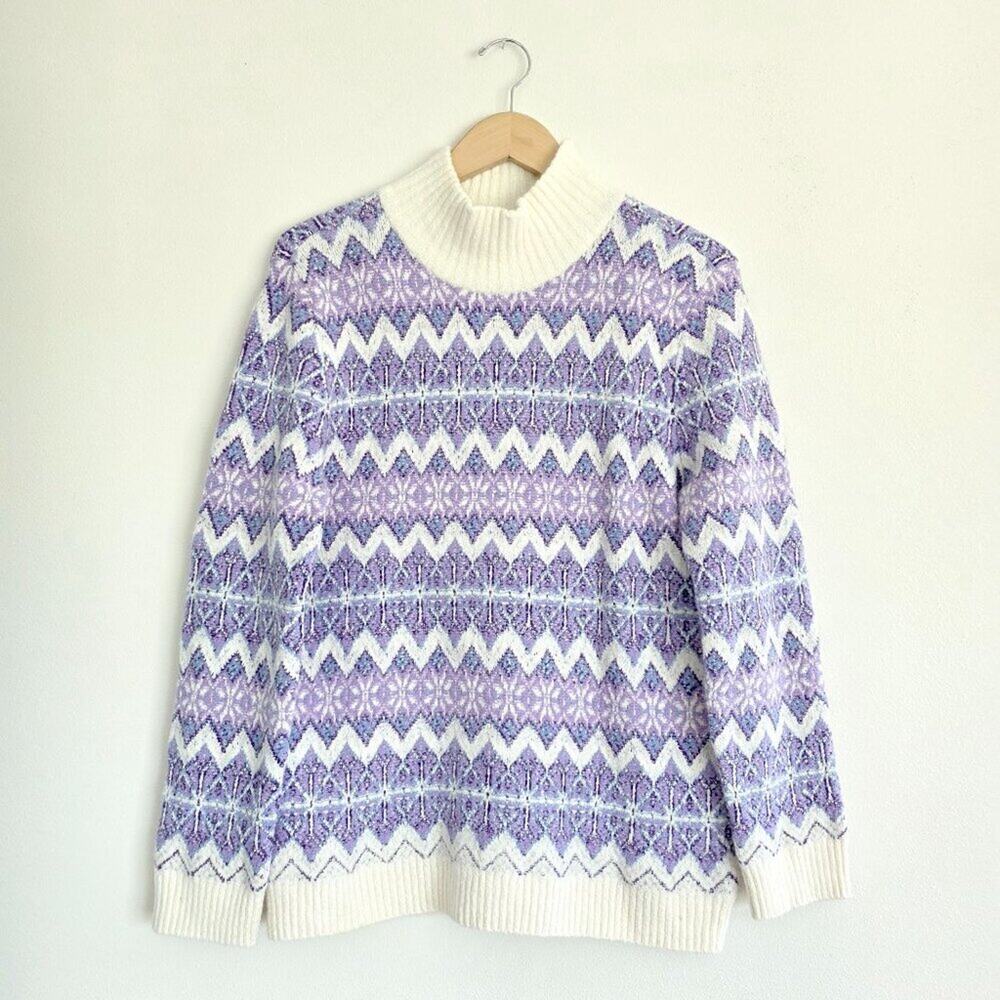 Talbots NWT Wool Blend Lavender Purple Cream White Turtleneck Alpine Sweater